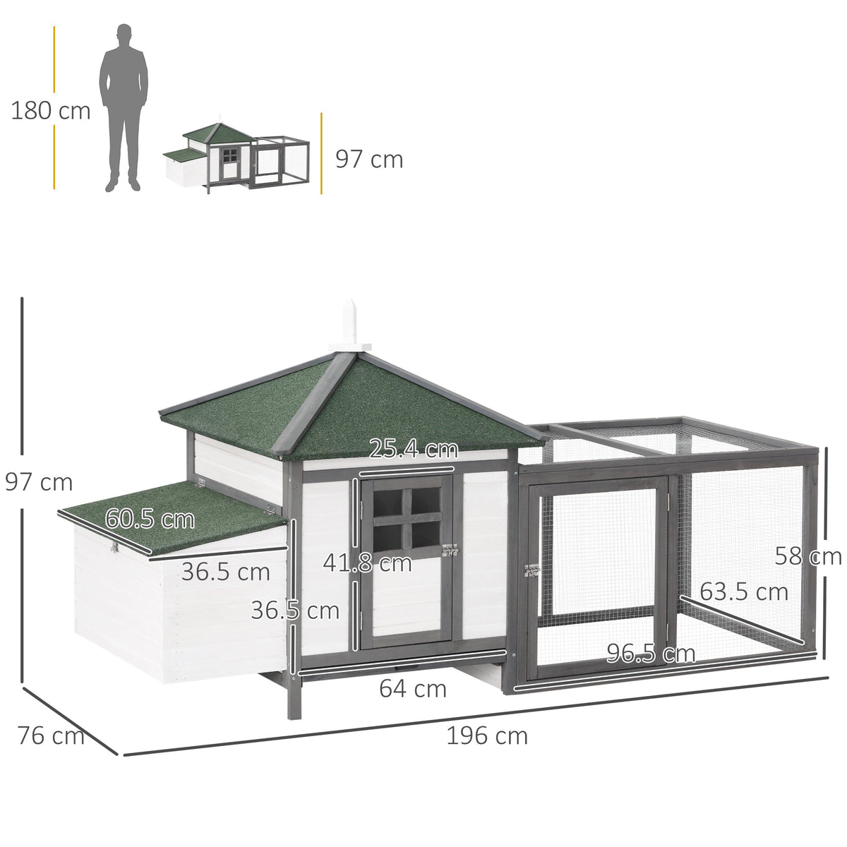 Bantam Chicken Coop with Run, Perches, Nesting Box, Pinewood, Grey+White