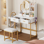 Modern Dressing Table with LED Mirror, Stool & Power Outlets, White