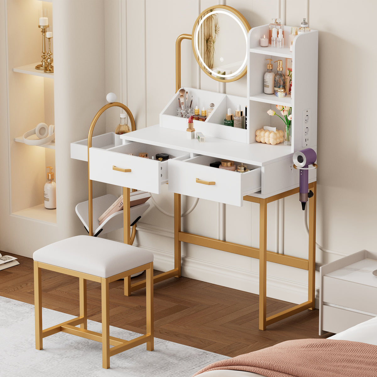 Modern Dressing Table with LED Mirror, Stool & Power Outlets, White