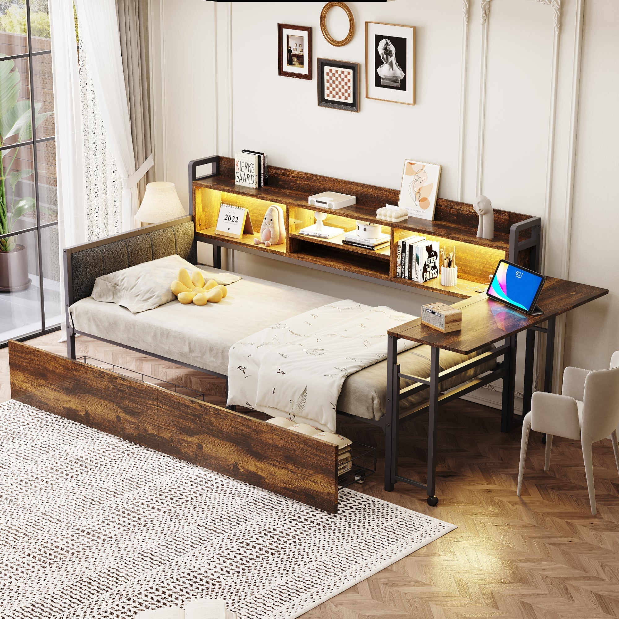 Iron Sofa Bed 90x200cm LED Storage Drawers Fold-Out Desk, Wood Color