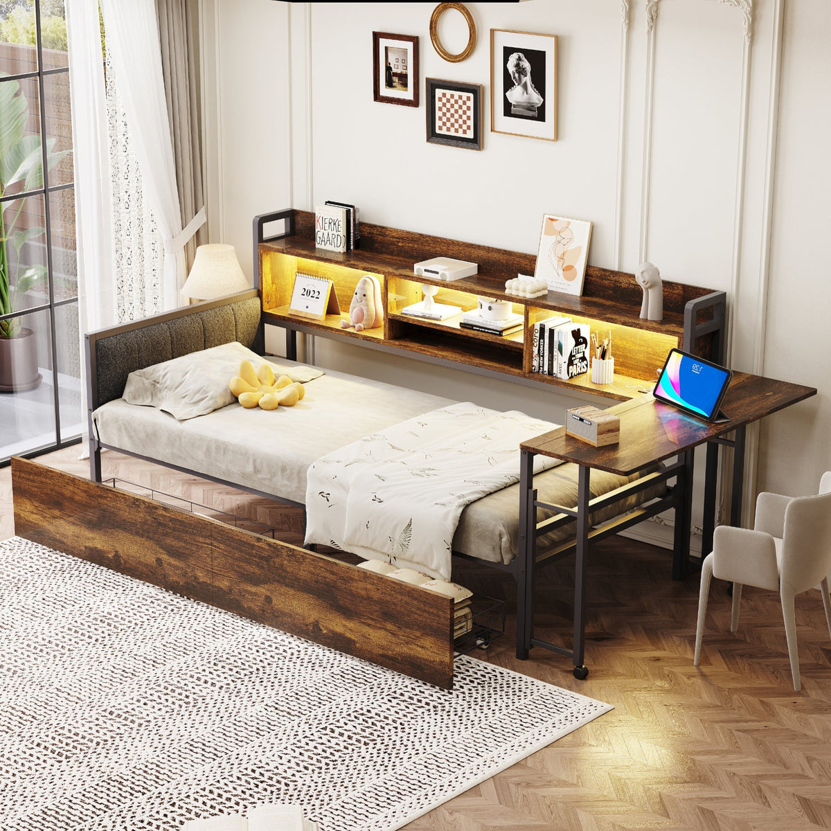 Iron Sofa Bed 90x200cm LED Storage Drawers Fold-Out Desk, Wood Color