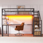 Metal Loft Bed with Storage Ladder, Wardrobe, Table, Shelf and LED, 140x200cm, Black Metal