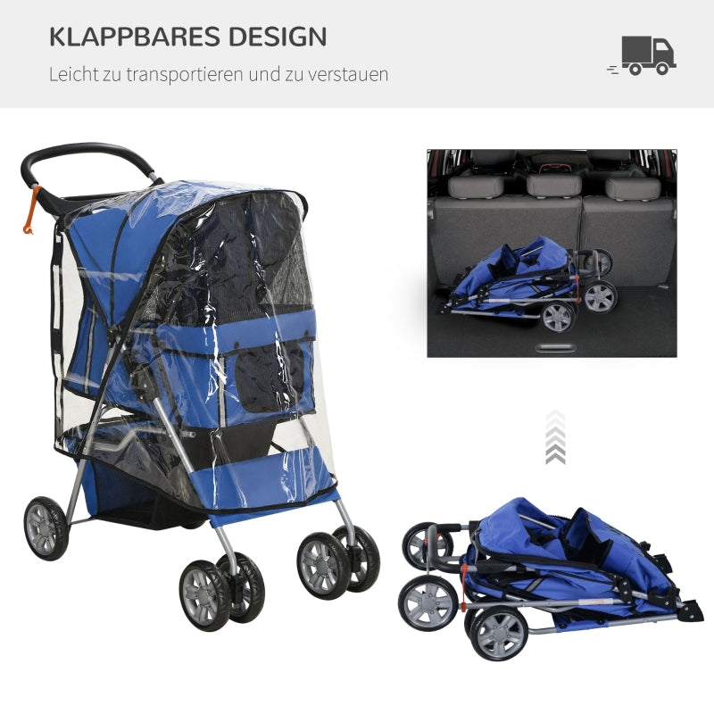 Dog Buggy, Foldable Rain Cover, Bottom Basket, 2 Cup Holders, Blue