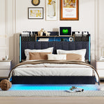 Upholstered Bed, 140x200, LED & USB, Storage Headboard, Floating Design, Grey Linen