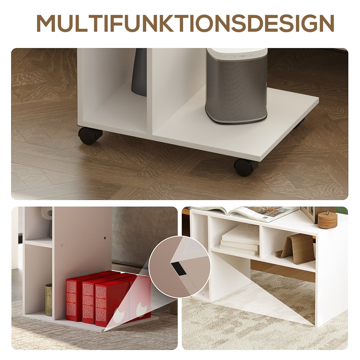 Side Table with Wheels, 4 Shelves, White