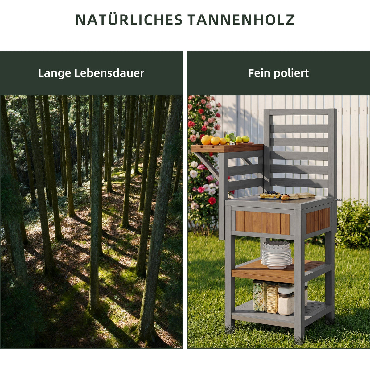 Outdoor Garden Cabinet with Stainless Steel Worktop and Double Shelf, Weatherproof Wood