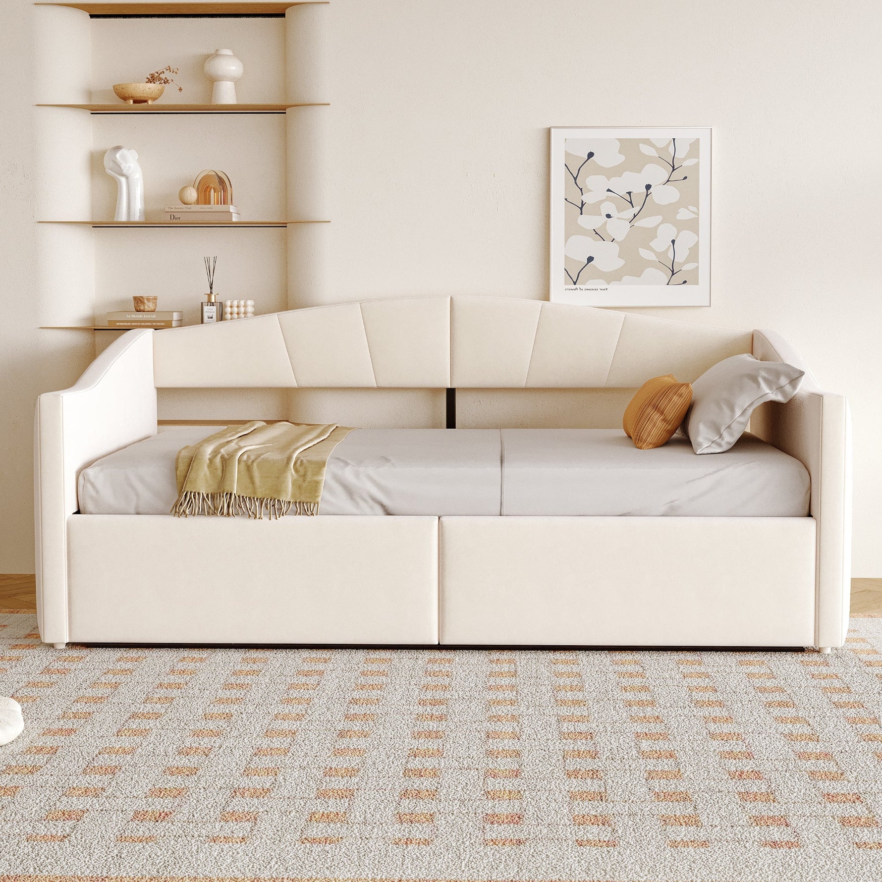 Upholstered Single Sofa Bed 90x200cm Hydraulic Storage Armrests Striped - Velvet Beige