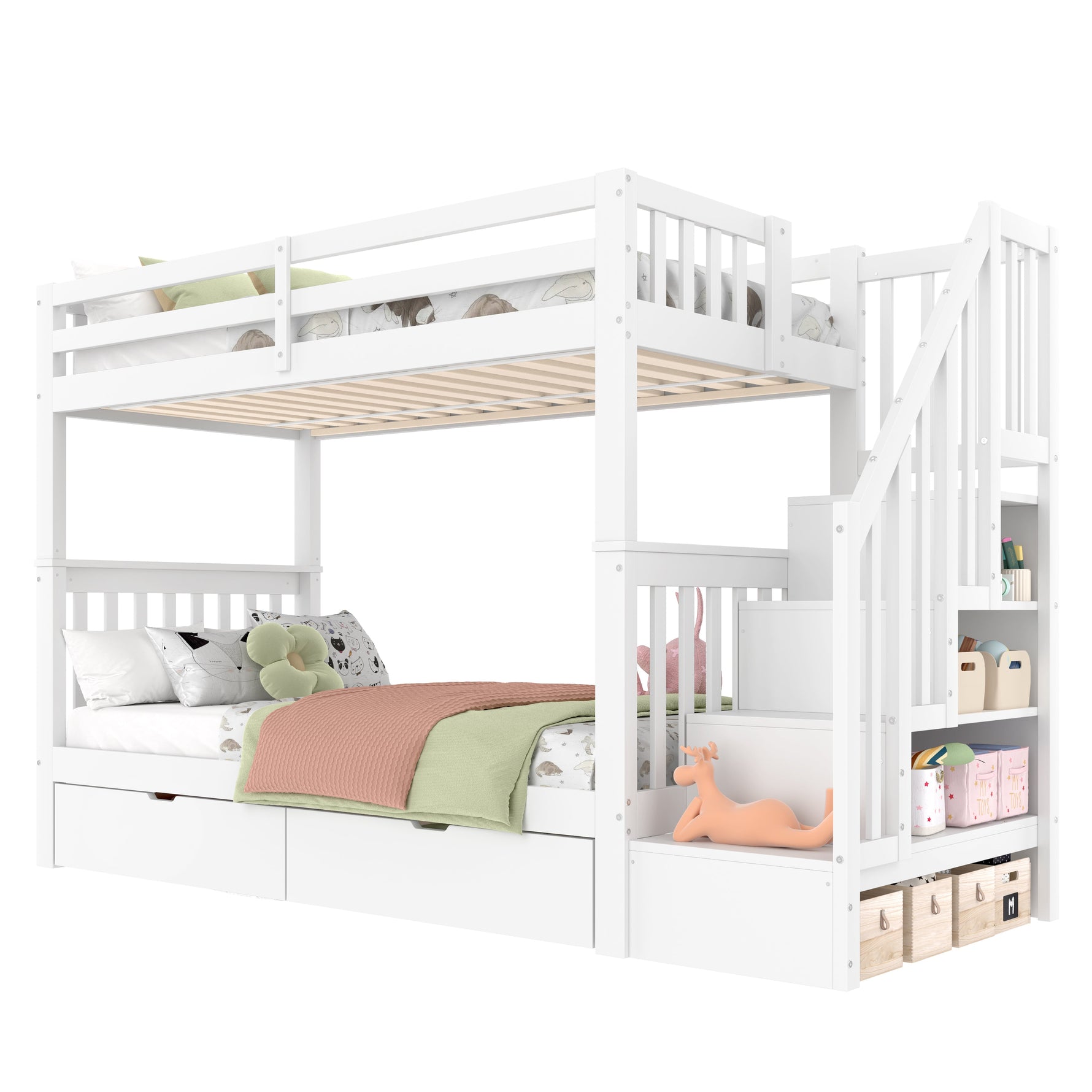 Bunk Bed with Stair Shelf and Two Storage Drawers, 90x200cm, White Pine Wood and MDF