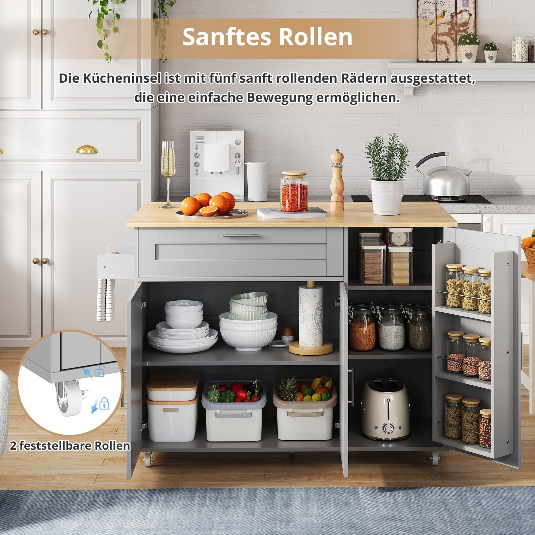Mobile Kitchen Table Folding Top Storage Wheels - Oak Grain