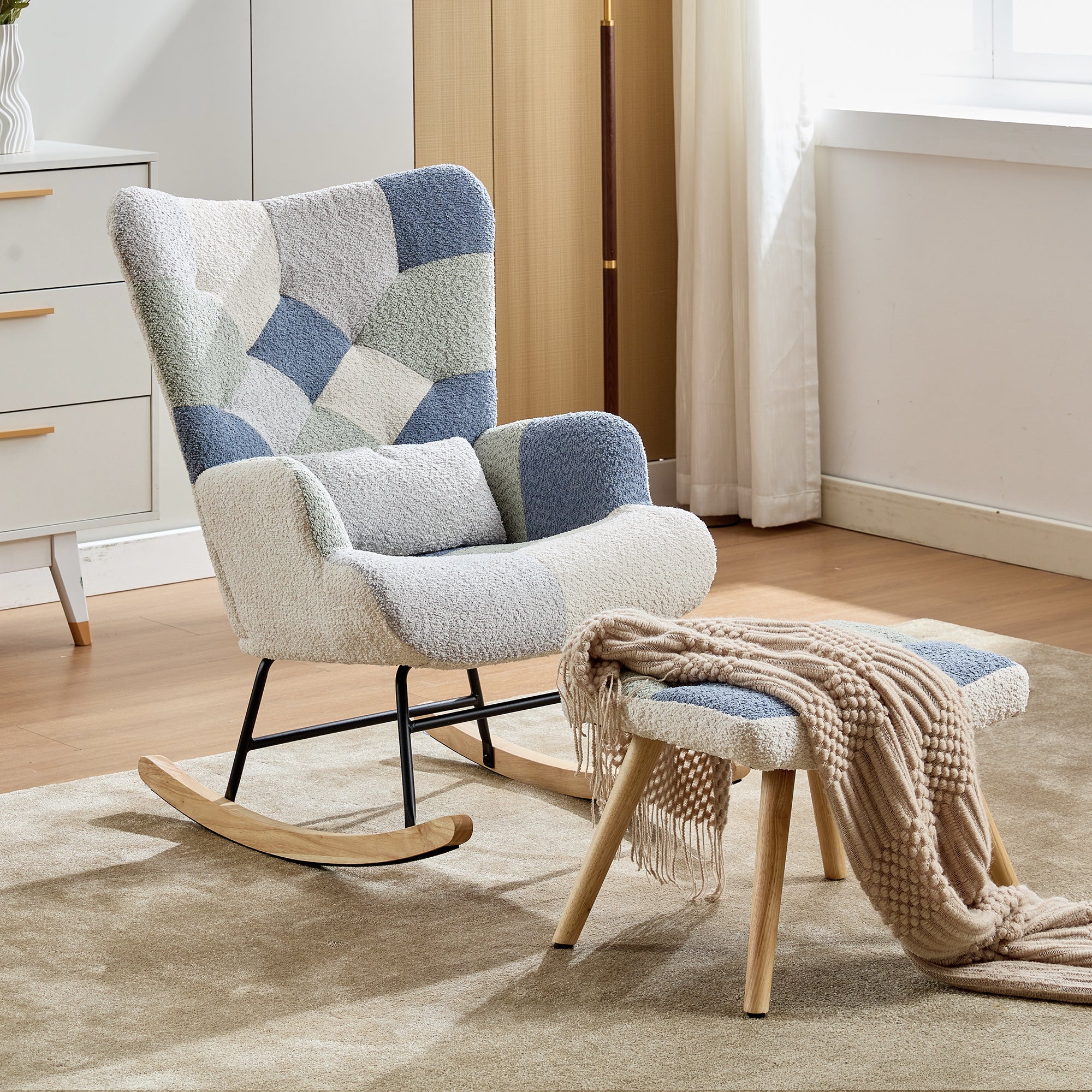 Rocking Recliner with Footstool and Upholstered Armchair, Patchwork Houndstooth Pattern