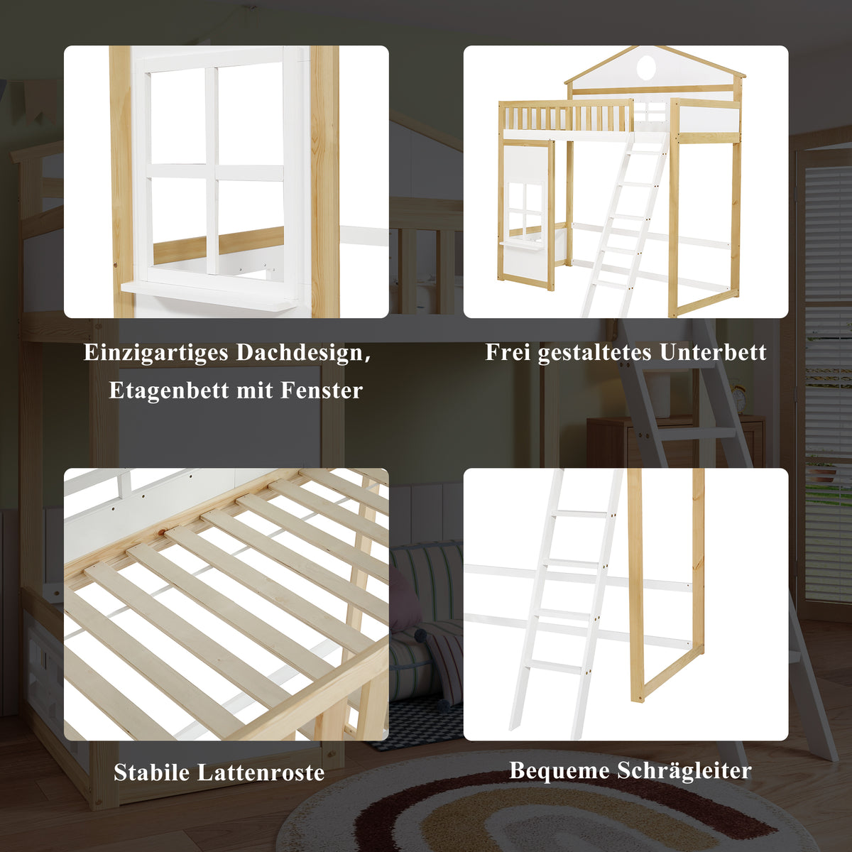 Bunk House Bed with Stairs & Roof 90x200cm, White & Natural