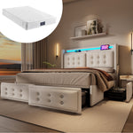 Upholstered Bed 140x200, Double with LED Headboard, USB-C & 4 Drawers, Beige Cotton