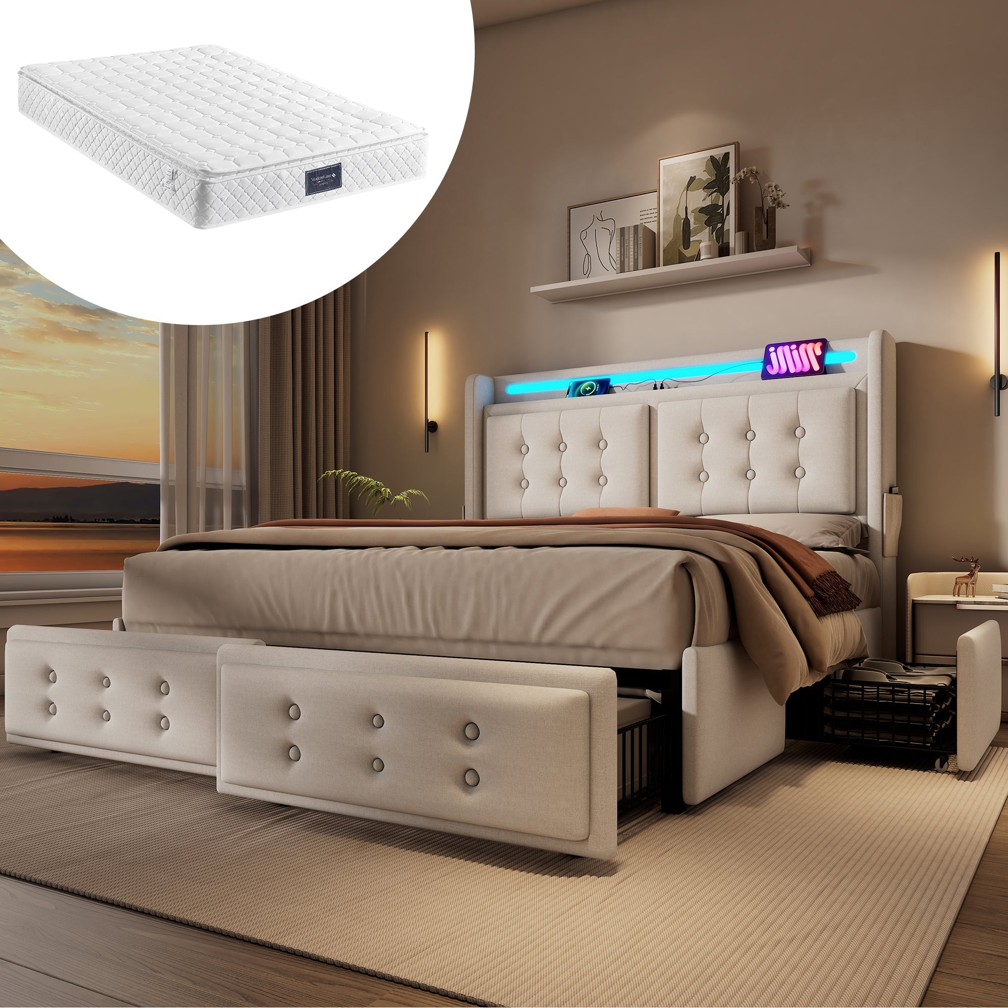 Upholstered Bed 160x200, LED Headboard, USB-C, 4 Drawers, Beige Cotton