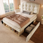 Upholstered Single Bed with Storage and Adjustable Headboard, 90x200cm, Beige Velvet
