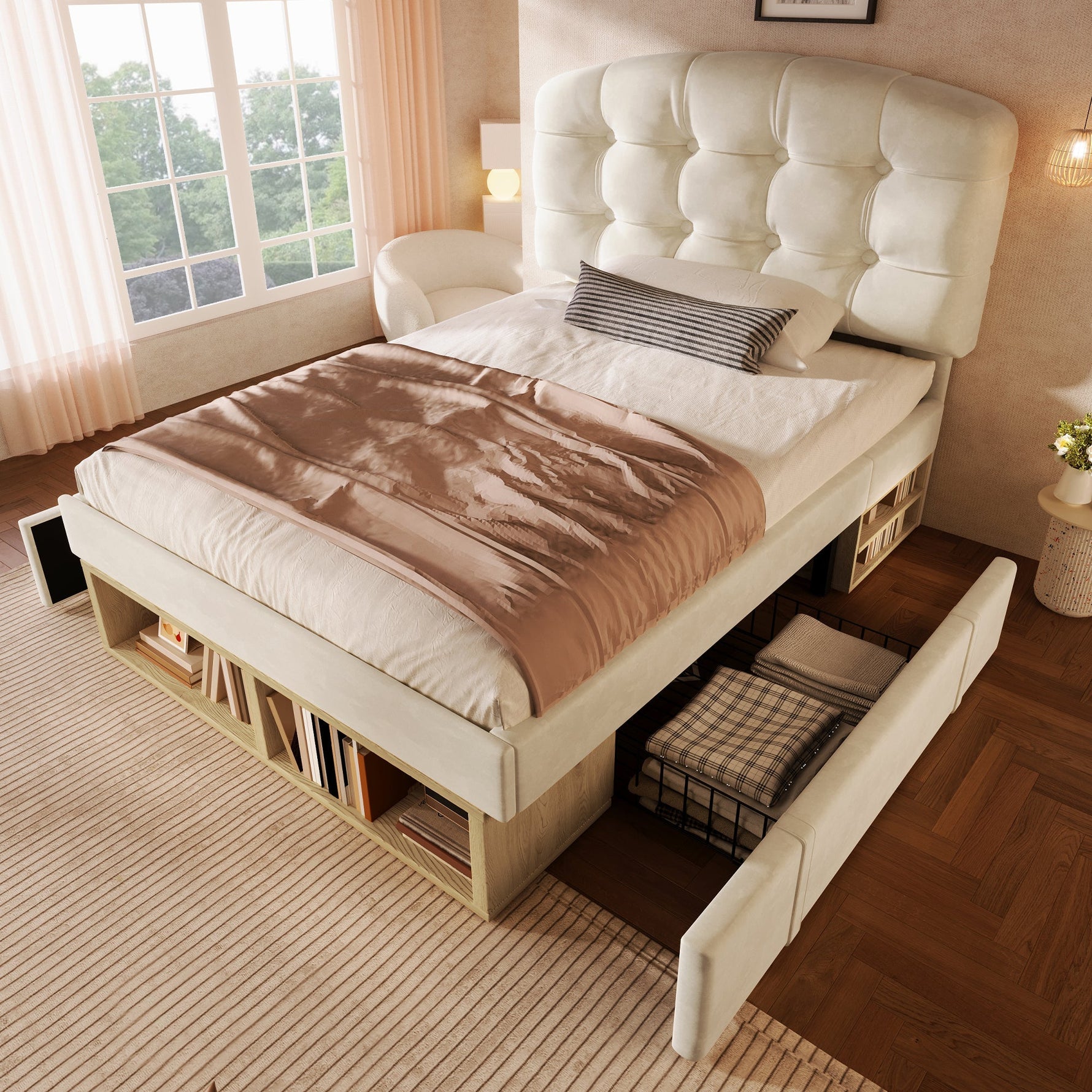 Upholstered Single Bed with Storage and Adjustable Headboard, 90x200cm, Beige Velvet