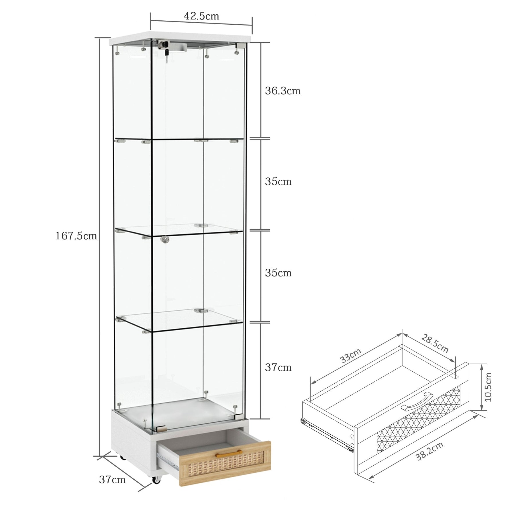 Modern Glass Display Cabinet LED Lights Drawers 4 Shelves - White