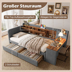 Daybed with Desk and USB Charging, 2 Drawers and Storage Compartments, Grey Linen