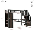 Loft Bed 90x200 cm with Desk, Storage & LED, Black Iron Frame