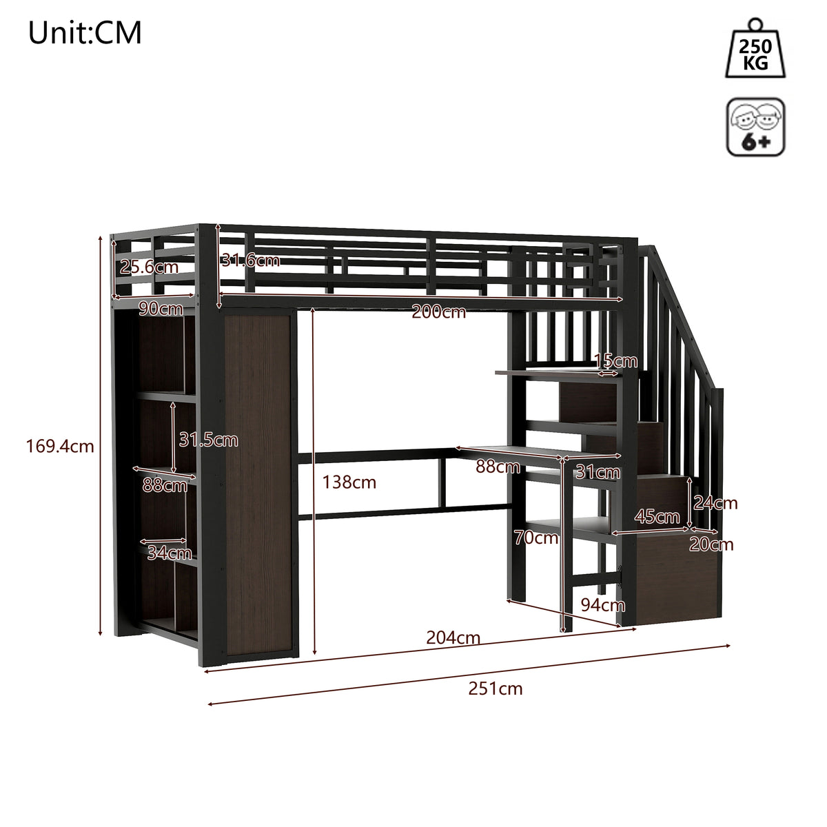 Loft Bed 90x200 cm with Desk, Storage & LED, Black Iron Frame