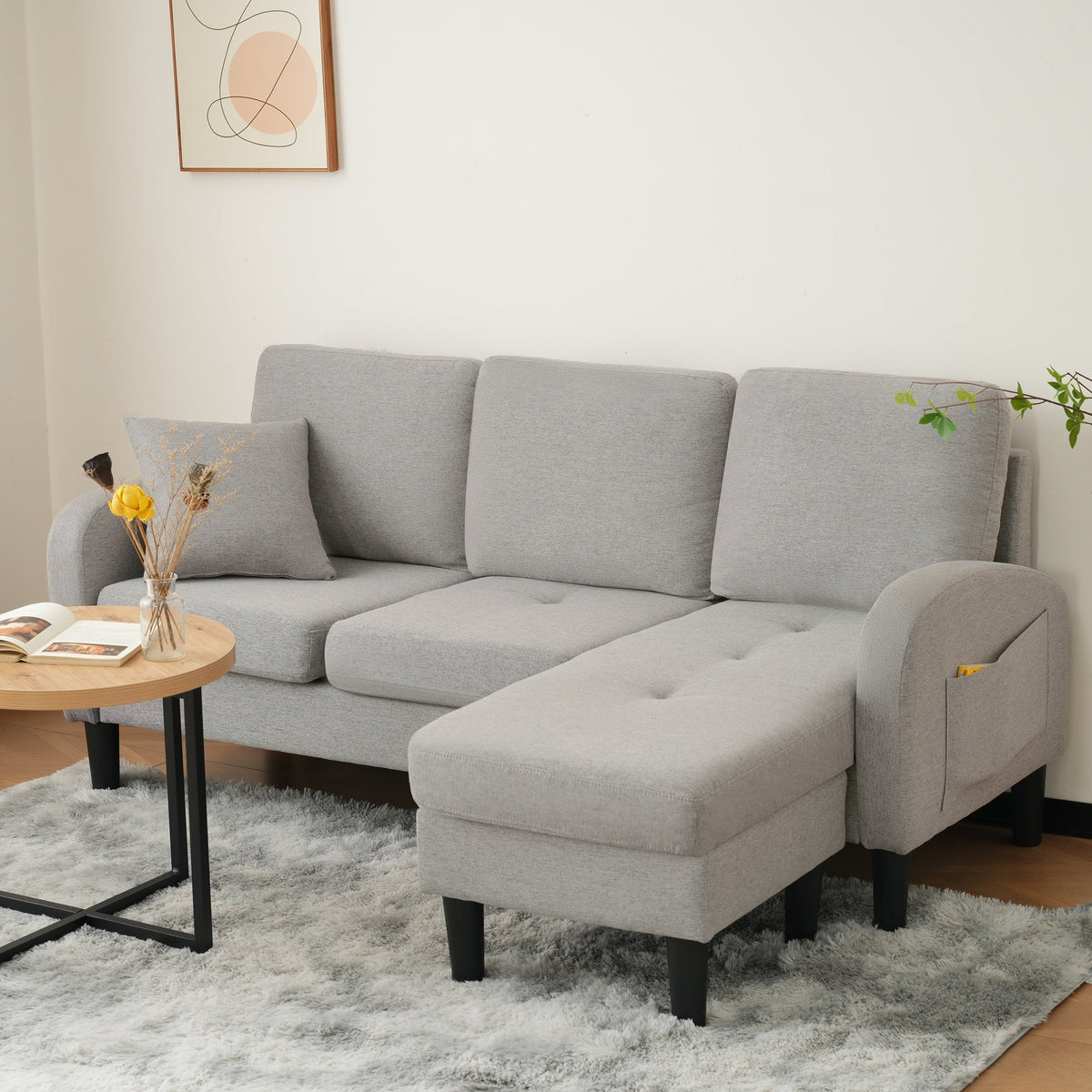 L-shaped Corner Sofa 3-Seater Chaise Longue Modular - Cotton-Linen
