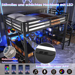 Loft Bed with Desk, LED Light Strip and Storage Staircase, 140 x 200 cm, Black Iron Frame