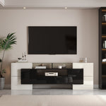 TV Cabinet Low Panel 200 cm LED Lighting High-Gloss White/Black with Glass Surface