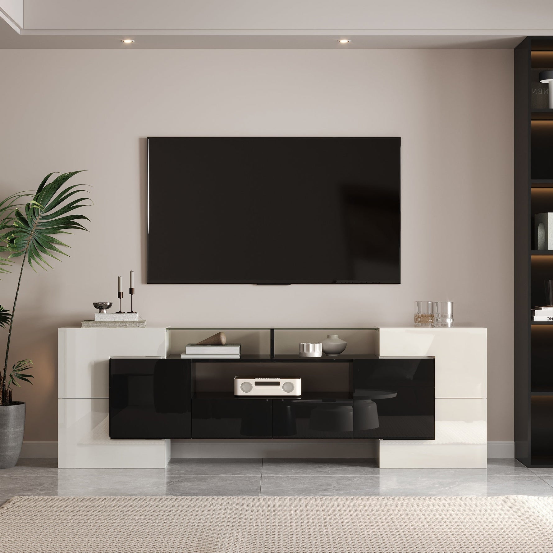 TV Cabinet Low Panel 200cm LED Lighting Modern Design High-Gloss White and Black