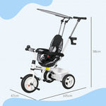 6-in-1 children's tricycle with push bar, roof, belt, storage basket, white