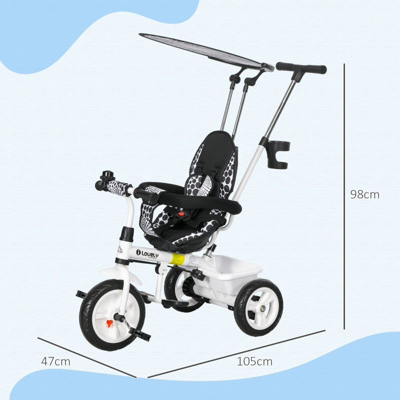 6-in-1 children's tricycle with push bar, roof, belt, storage basket, white