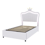 Upholstered Children's Bed 90x200 cm, Crown Design, LED Lighting, Hydraulic Storage, White Artificial Leather