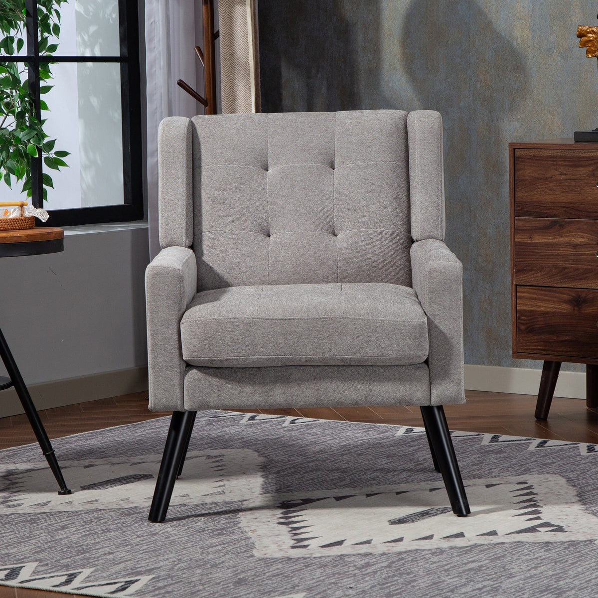 Mid-Century Modern Armchair with Buttoned Padding and Solid Wood Legs, Black Suede