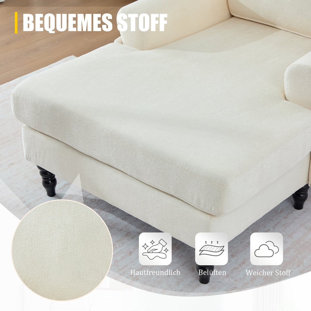 Chenille Fabric Lounger with Side Pockets and Wooden Legs, Modern Minimalist
