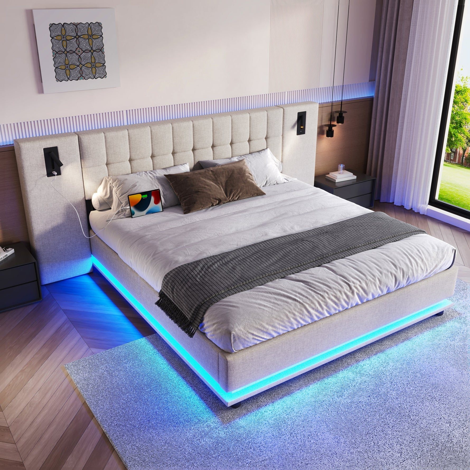 Upholstered Bed 180x200cm LED Headboard Spotlight USB - Linen Beige