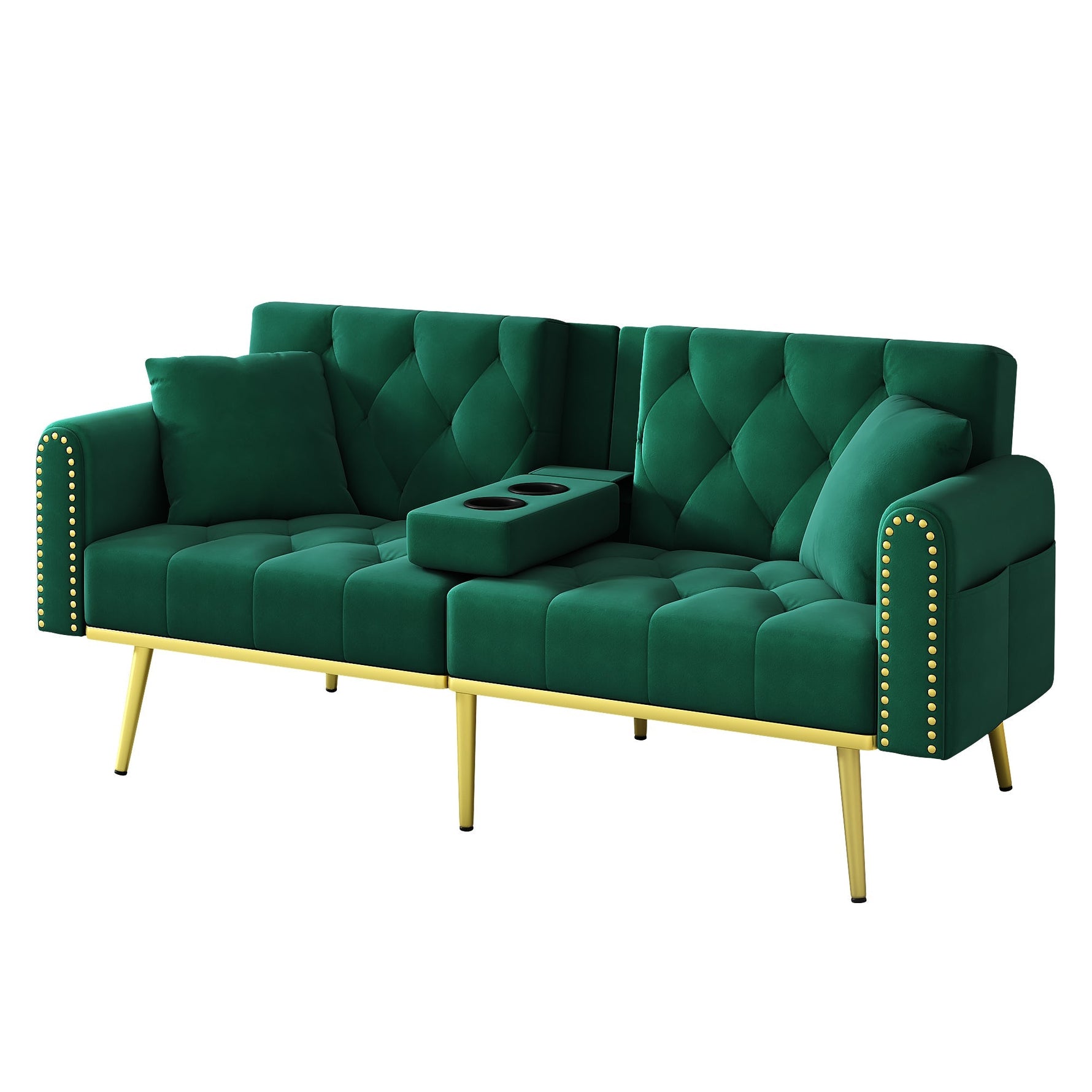 Double Fold-out Sofa Bed Reclining 3-Angle Cup Holders - Fabric Green