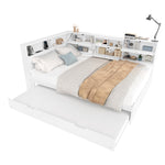 Daybed Sofa Bed with Storage Headboard and Extendable Trundle, 140x200cm, White