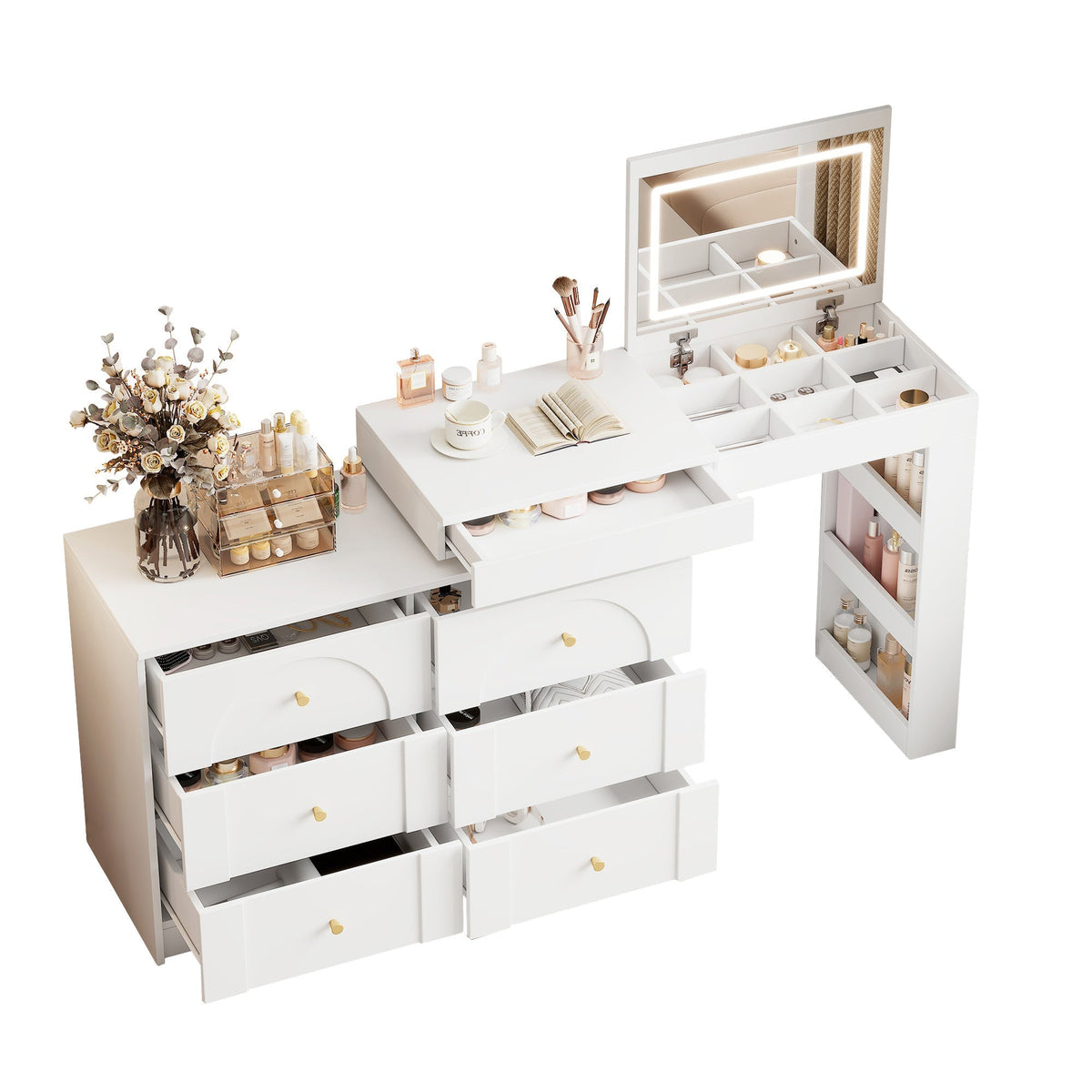 Rotating Dressing Table, LED Lighting, Vanity/Office Table, White