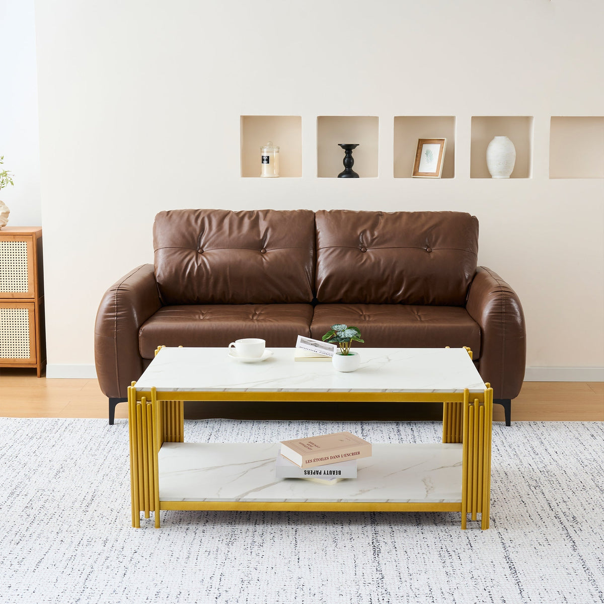 Coffee Table Rectangular Marble Effect Metal Legs - White/Gold