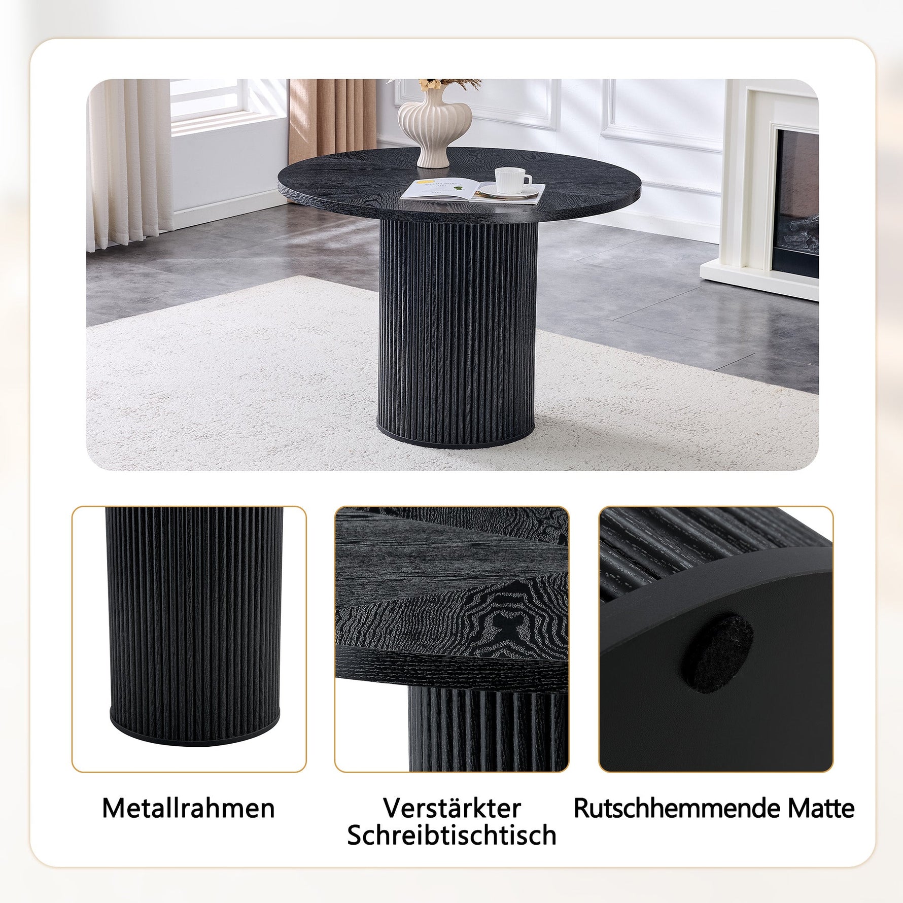 Round Dining Table 100cm 4-6 Seater Storage Base - Black MDF