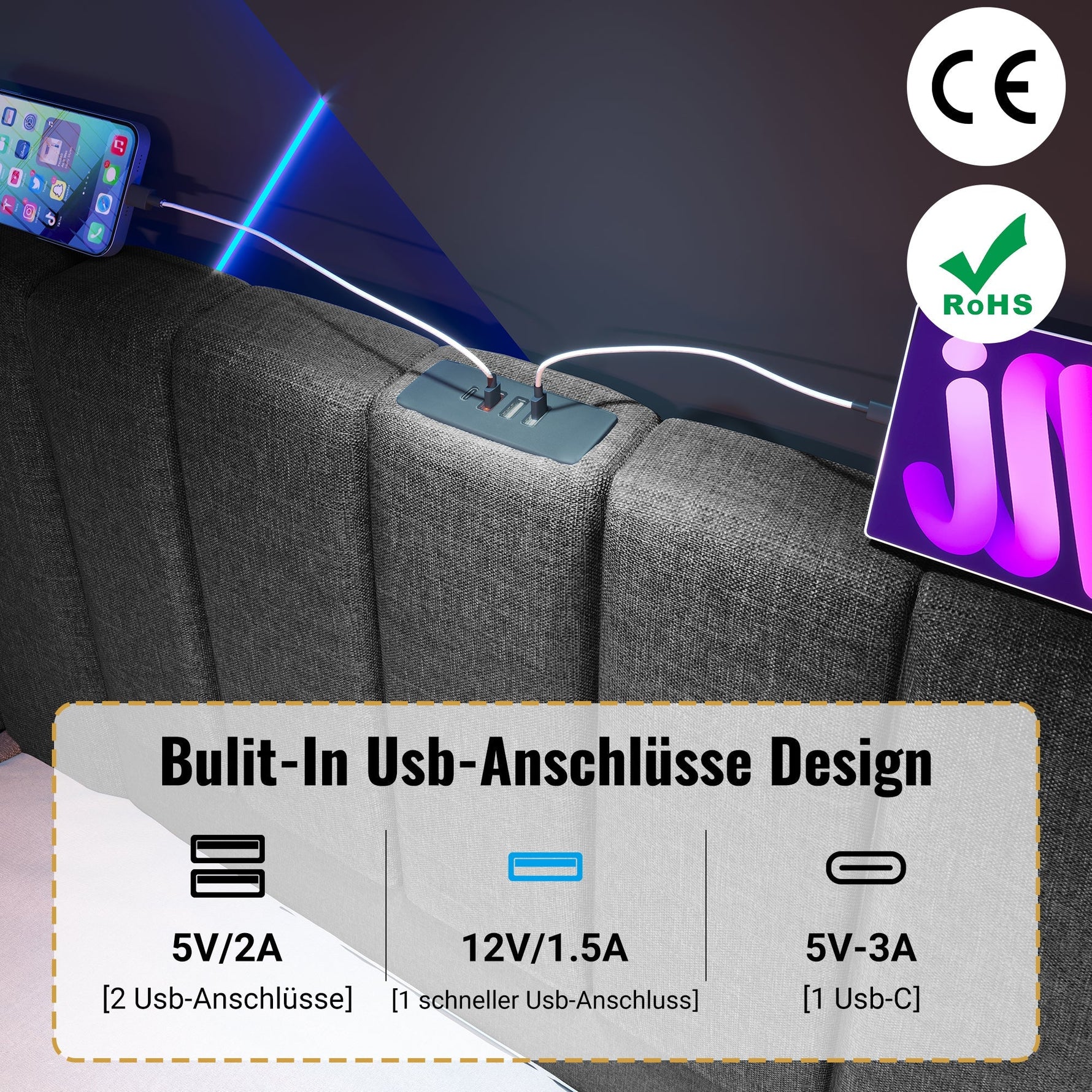 Upholstered Bed 180x200 Storage LED/USB-C Slatted Base, Linen Grey