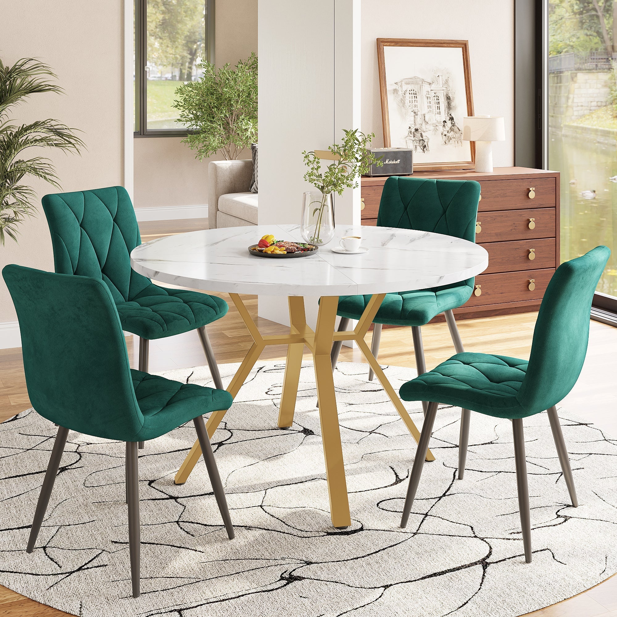 Dining Set 5-Piece Round Marble Table Gold Legs 4 Velvet Chairs - Green