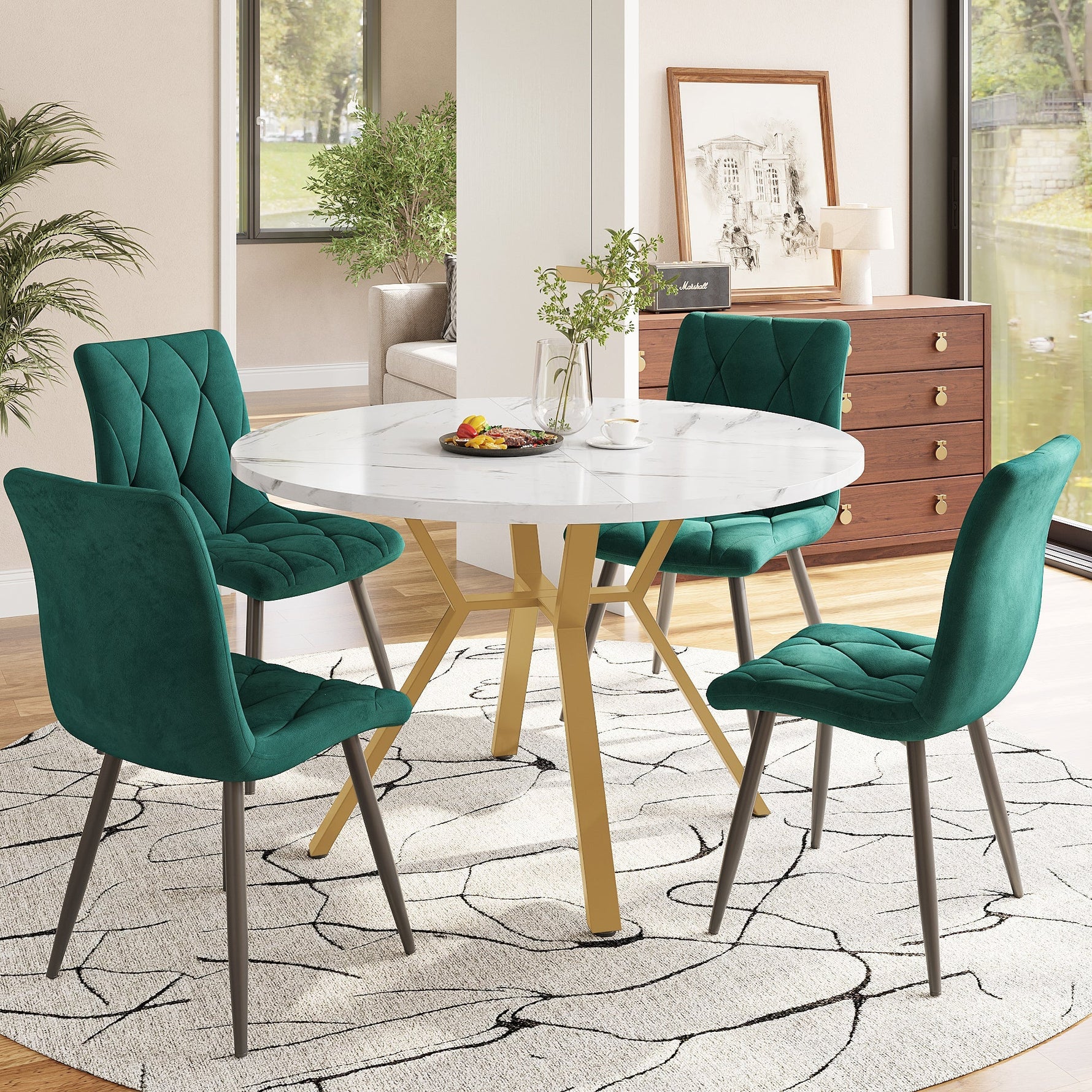 Dining Set 5-Piece Round Marble Table Gold Legs 4 Velvet Chairs - Green