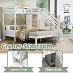 Multifunctional Bunk Bed with Wardrobe and Storage Stairs, 90x200cm and 140x200cm, White Solid Wood and MDF