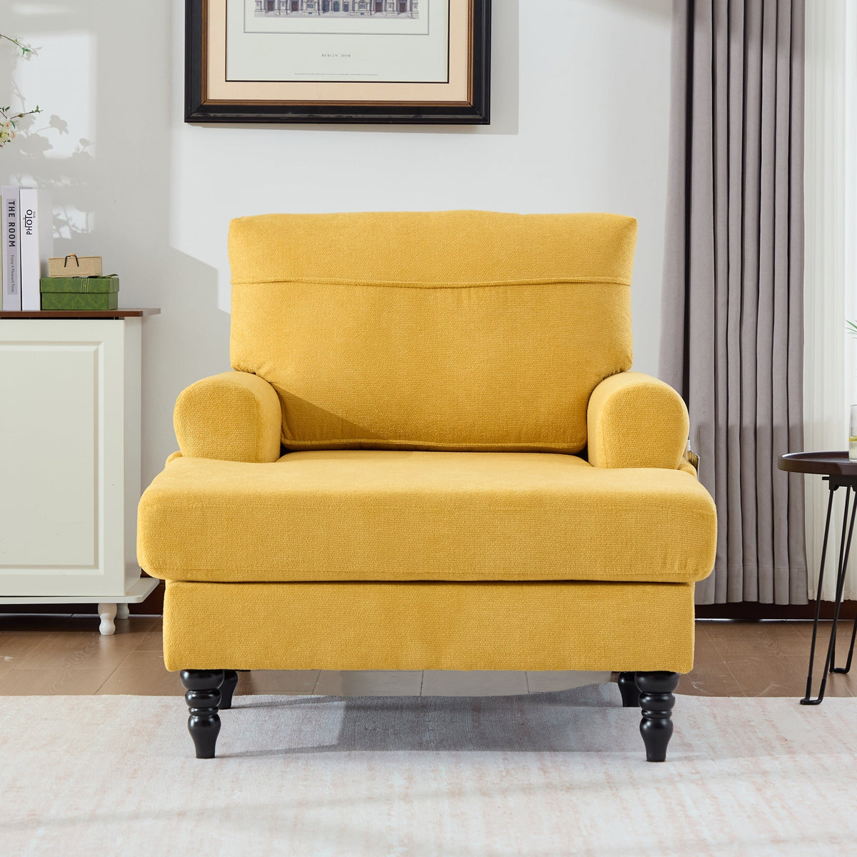 Single Sofa Lounger with Side Pockets and Wooden Legs, Chenille Fabric