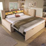 Upholstered Bed 90x200cm Pull-Out Bed LED Storage Headboard - Linen Beige
