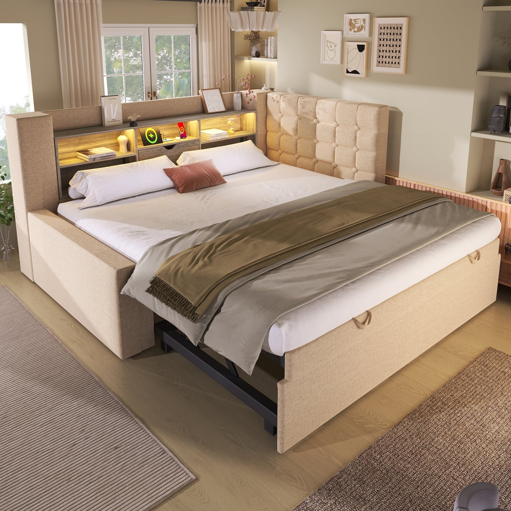 Upholstered Bed 90x200cm Pull-Out Bed LED Storage Headboard - Linen Beige