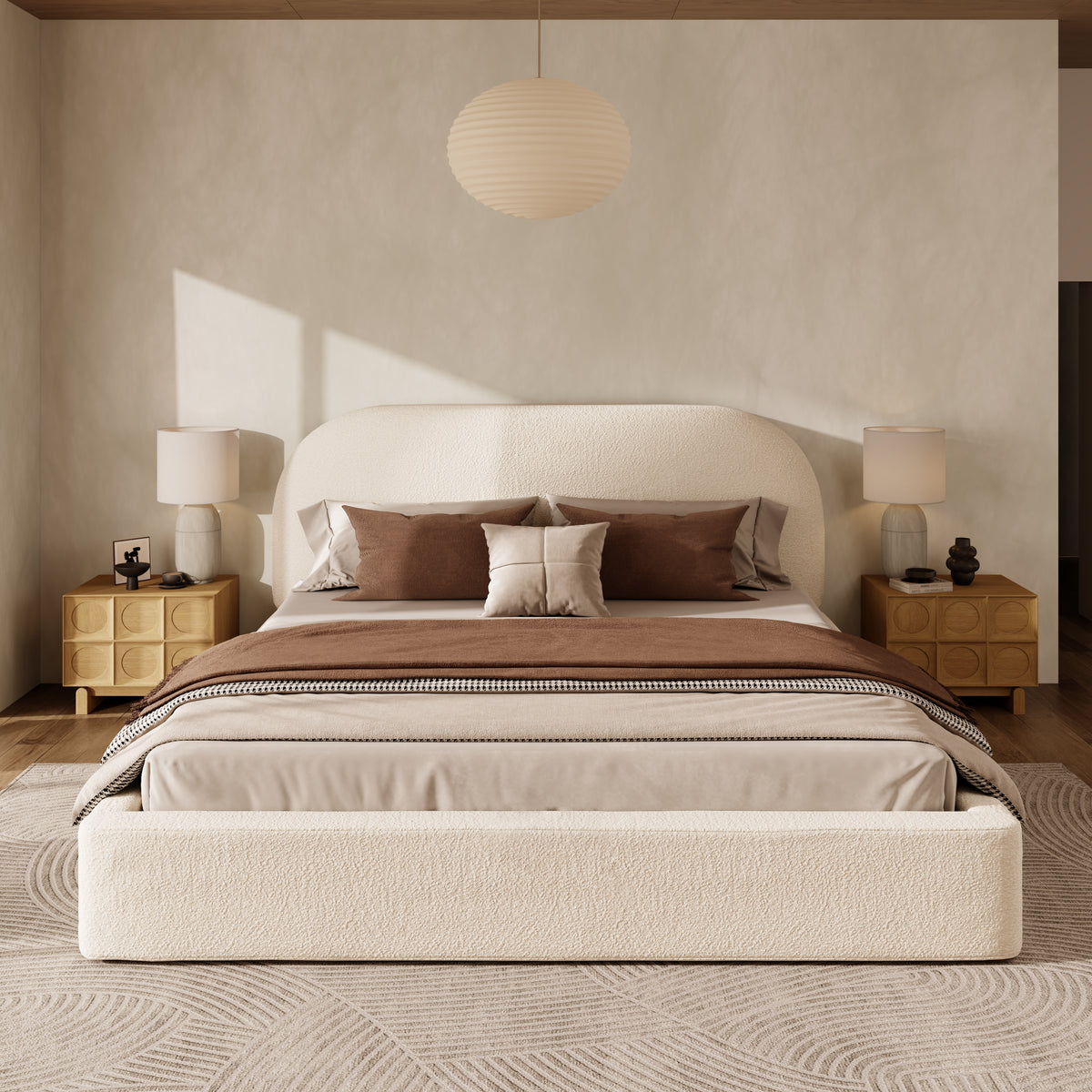 Upholstered Double Bed 180x200cm Slatted Base, Beige Bouclé