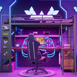 Loft Bed 90x200cm Iron Frame with Desk LED Light Storage Pegboard USB Black