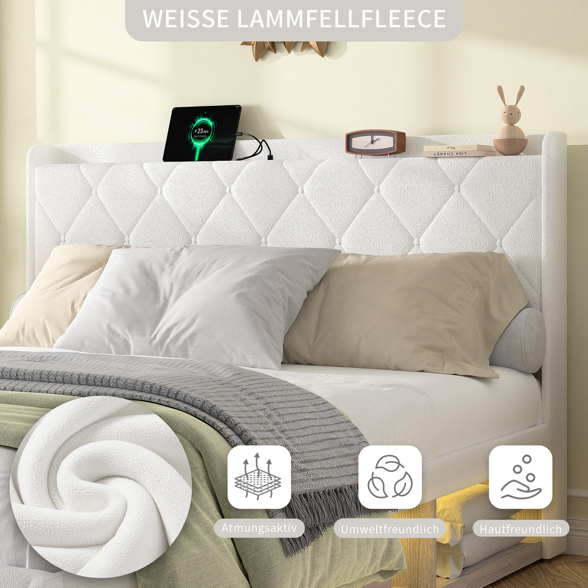 Upholstered Double Bed 160x200cm, USB LED & 6 Drawers, White Plush