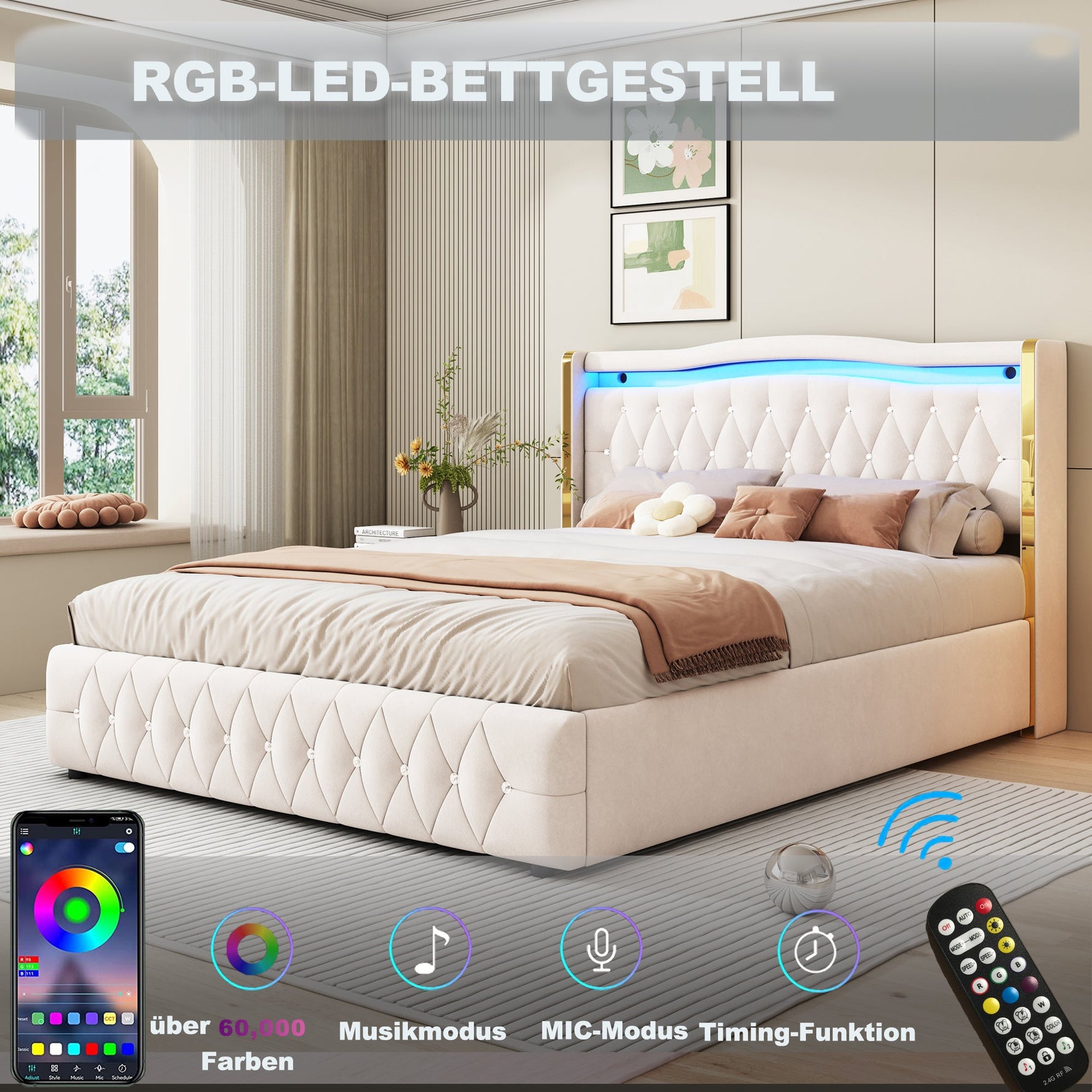 Upholstered Bed 160x200cm, LED Lighting, Hydraulic Storage, Velvet Fabric Beige
