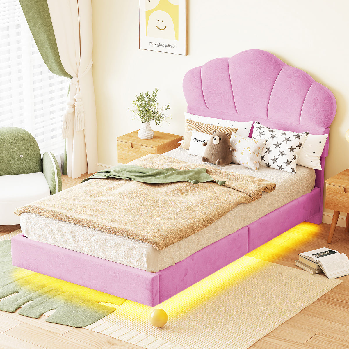 Upholstered Bed 90x200cm, Cloud Headboard & LED, Pink Velvet